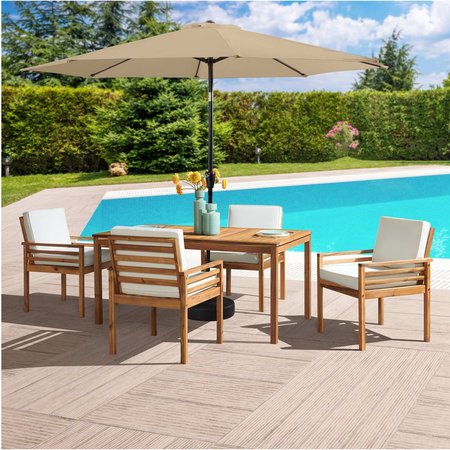 ALATERRE FURNITURE 6 Piece Set, Okemo Table with 4 Chairs, 10-Foot Auto Tilt Umbrella Sand ANOK01RD08S4